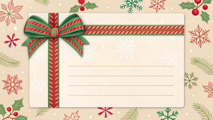 Greeting card with ribbon and bow for note, chirstmas celebration, congratulation, with copy space, empty, blank