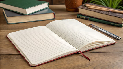 An open blank notebook with a pen lies on a wooden table with books, for planning, notes, business, study