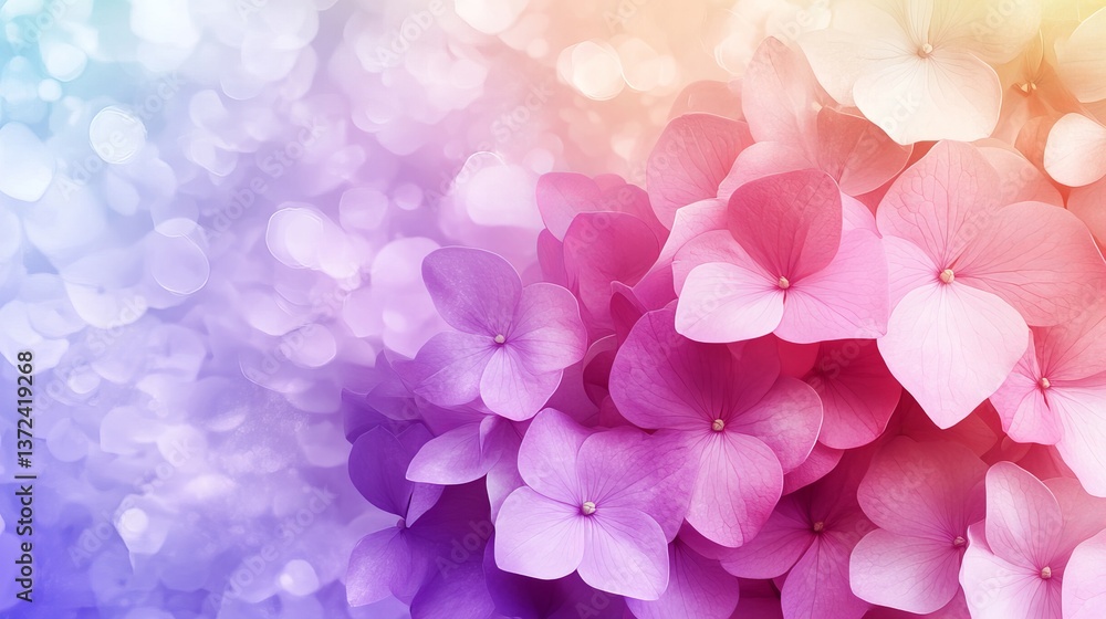 Poster hydrangea blossoms display gradient colors from purple to pink, creating a textured floral pattern w