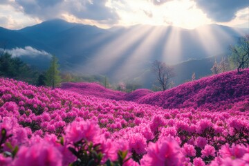 Naklejka premium Azaleas and Mountain Views. Lush pink azaleas blooming in a mountainous landscape under rays of sunlight.