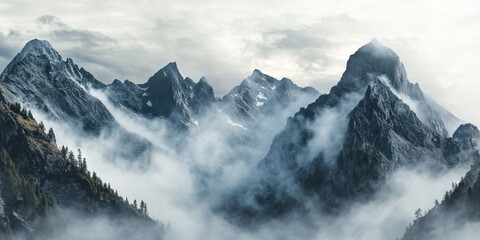 Fototapeta premium Misty Mountain Landscape with Peaks and Clouds