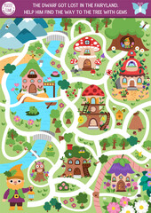 Fototapeta premium Fun maze for kids with woodland fairies, houses, magic forest landscape. Fairytale princess preschool printable activity with cute girls. Labyrinth game, puzzle. Help dwarf find way to tree with gems