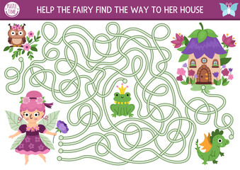Fun maze for kids with flower fairy going to her house. Fairytale princess printable activity with cute girl with wings. Magic forest, woodland labyrinth game, puzzle with dragon, frog prince, owl