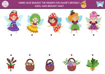 Woodland fairy matching activity with little girls and presents for dwarf. Magic forest puzzle with flower, acorn, berry princess, baskets, bouquet. Match objects game. Fairytale fantasy match up page