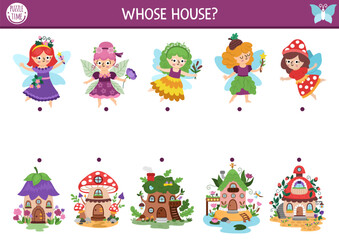 Fototapeta premium Woodland fairy matching activity with little girls and houses. Magic forest puzzle with flower, acorn, berry princess and cute home. Match the objects game. Fairytale fantasy match up page