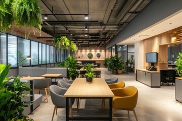 Fototapeta premium Ample and bright co-working office space designed for collaboration and productivity.