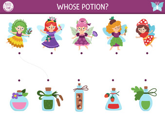 Woodland fairy matching activity with little girls and magic potion. Fantasy forest puzzle with flower, acorn, berry princess and jars with elixir. Match objects game. Fairytale match up page