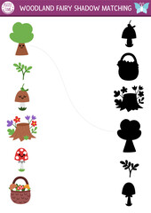 Woodland fairy shadow matching activity with fantasy objects. Magic forest puzzle with tree, basket, mushroom. Find correct silhouette printable worksheet, game. Fairytale page for kid