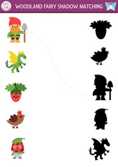 Woodland fairy shadow matching activity with fantasy creatures. Magic forest puzzle with mushroom, bird, dwarf, dragon. Find correct silhouette printable worksheet, game. Fairytale page for kid