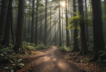 Naklejka premium morning in the forestMisty Forest Trail with Sunlight Filtering Through Trees