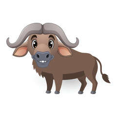 Cute cartoon buffalo smiling with its horns on white background