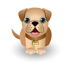Cute cartoon puppy with a brown belt, bull dog on white background