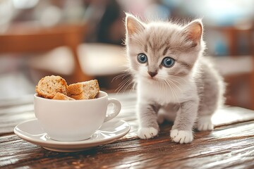 kitten cafe concept A playful kitten curiously examines a cup of snacks on a wooden table.
