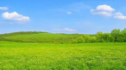 Obraz premium Lush Green Meadow Under Clear Blue Sky with White Clouds
