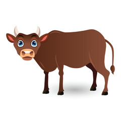 Cartoon Illustration of a Cute Brown Bull Isolated On White Background
