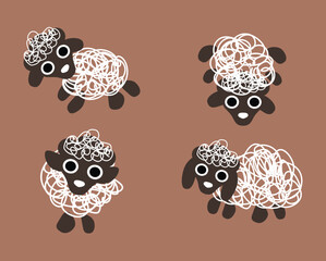Four cut cartoon sheep on a brown background