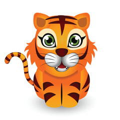 Cute Baby Cartoon Tiger with Big Eyes Vector Illustration Design