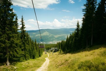 Mountain landscape chairlift over trees, hills under bright sky