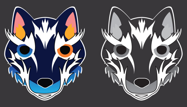 Beautiful wolf tattoo. Vector wolf head for cloth and sticker on dark background 