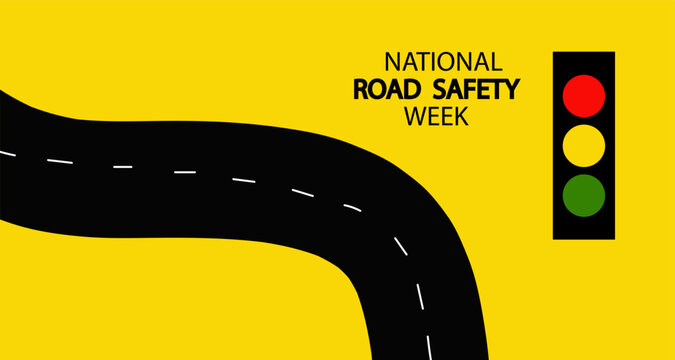 national Road safety week vector banner. National Road Safety Week poster featuring an abstract cityscape skyline, black winding road with dashed lines and traffic light, promoting awareness campaign