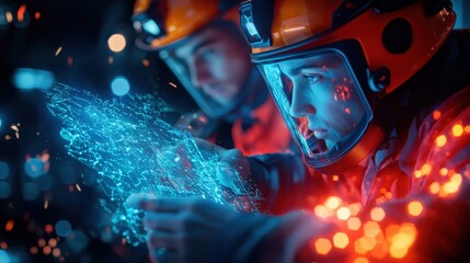 Emergency response team conducting high-tech rescue operations in urban environment nighttime scene action photography