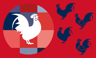 French rooster in vector. Static and crowing poses.