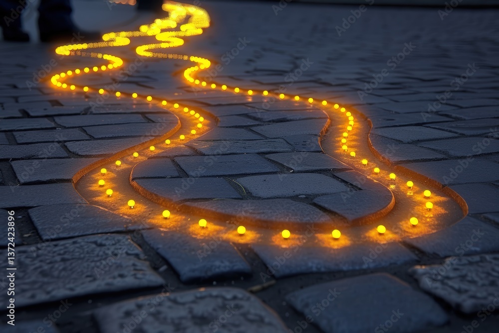 Poster a glowing pathway of yellow lights winds through cobblestones, creating an enchanting and illuminate