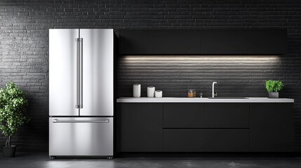 Modern Minimalist Kitchen with Stainless Steel Refrigerator and Cabinets