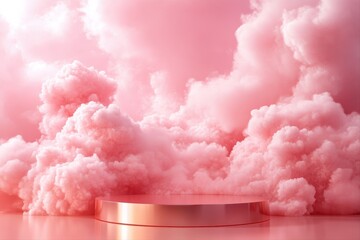 Dreamy Clouds and Display. A pastel pink cloud background framing a shiny platform for creative projects.