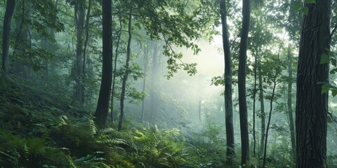 Obraz premium Misty Forest Landscape in Early Morning