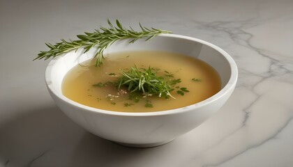 A close-up shot features a white bowl filled with a clear, golden broth, garnished with a few sprigs of fresh herbs floating on the surface