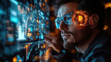 An entrepreneur analyzing a futuristic AI-driven investment dashboard, where real-time data, profit growth, and economic trends are displayed as glowing holograms in mid-air.