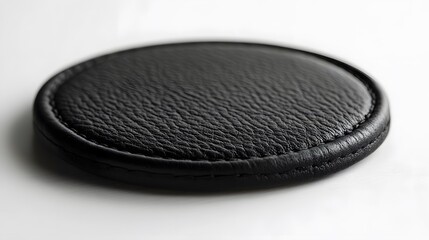 Elegant circular black leather coaster with hand-stitched edges sits on minimalist white surface, showcasing premium craftsmanship and luxurious texture in professional product shot.  