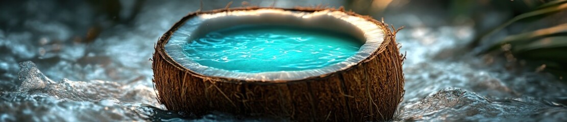 Obraz premium An enchanted floating coconut filled with glowing turquoise juice, radiating gentle waves of tropical energy.