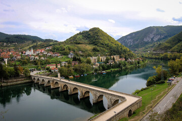 Mehmed Pasa Bridge in Visegrad aerial view, Bosnia and Herzegovina