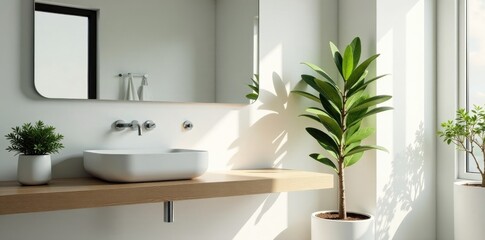 Modern bathroom, white sink, large mirror, plant, window, sink, home