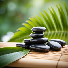 Tranquil Spa Scene with Black Stones and Lush Greenery