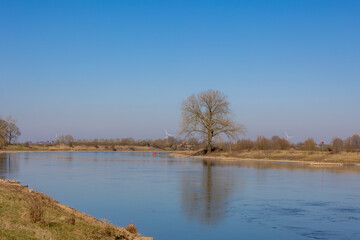 Countryside landscape, The IJssel is a Dutch distributary of the river Rhine that flows northward and ultimately discharges into the IJsselmeer, Border between Gelderland and Overijssel in Netherlands