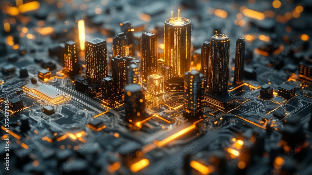 Aufkleber tech city illuminated with golden light on a circuit board. future tech.
