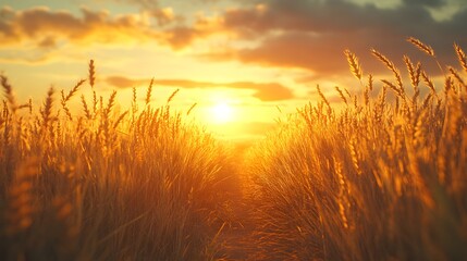 Golden wheat field bathed in sunset light features a narrow dirt path cutting through swaying amber grain, with warm sunlight filtering through tall stalks, creating a peaceful rural farmland scene.  