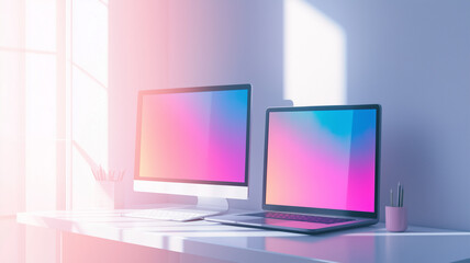 デスクに並んだモニターとノートパソコンのモダンなワークスペース