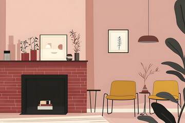 Pink living room with fireplace, plants, and chairs. Home interior design for relaxation