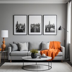 Modern Living Room Interior with Grey Sofa and Cityscape Artwork