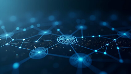 Fototapeta premium Minimalist Wallpaper Design: Abstract Interlinked Digital Nodes & Icons for Blockchain Interoperability in Fintech - Seamless Integration & Generous Empty Space