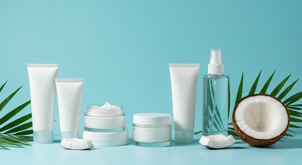 Coconut infused skincare products with tropical leaves for natural beauty and wellness