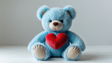 Fototapeta premium Soft blue teddy bear with a red heart on its chest, positioned against a neutral background, evokes feelings of warmth and affection