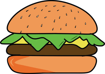 Colorful illustration of a cheeseburger featuring fresh lettuce,melted cheese,and a sesame-seeded bun on a white background.Perfect for food-related concepts,design projects, or educational materials.