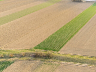 Fototapeta premium Aerial view of expansive agricultural fields featuring varying shades of brown and green, highlighting seasonal crop patterns and land cultivation techniques.
