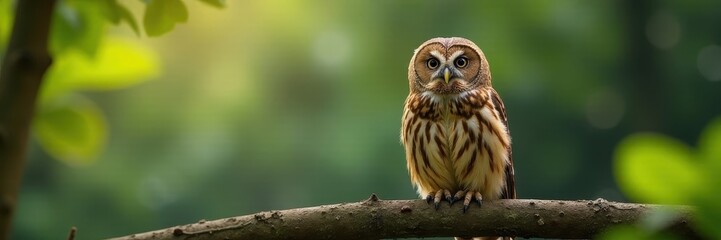 Barred Owl poised on branch, eyes fixed, ready to strike, bird of prey, hunting