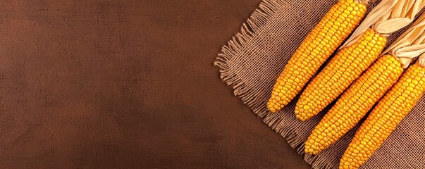 Fresh corn cobs arranged on a textured brown surface, complemented by a woven cloth, creating a...